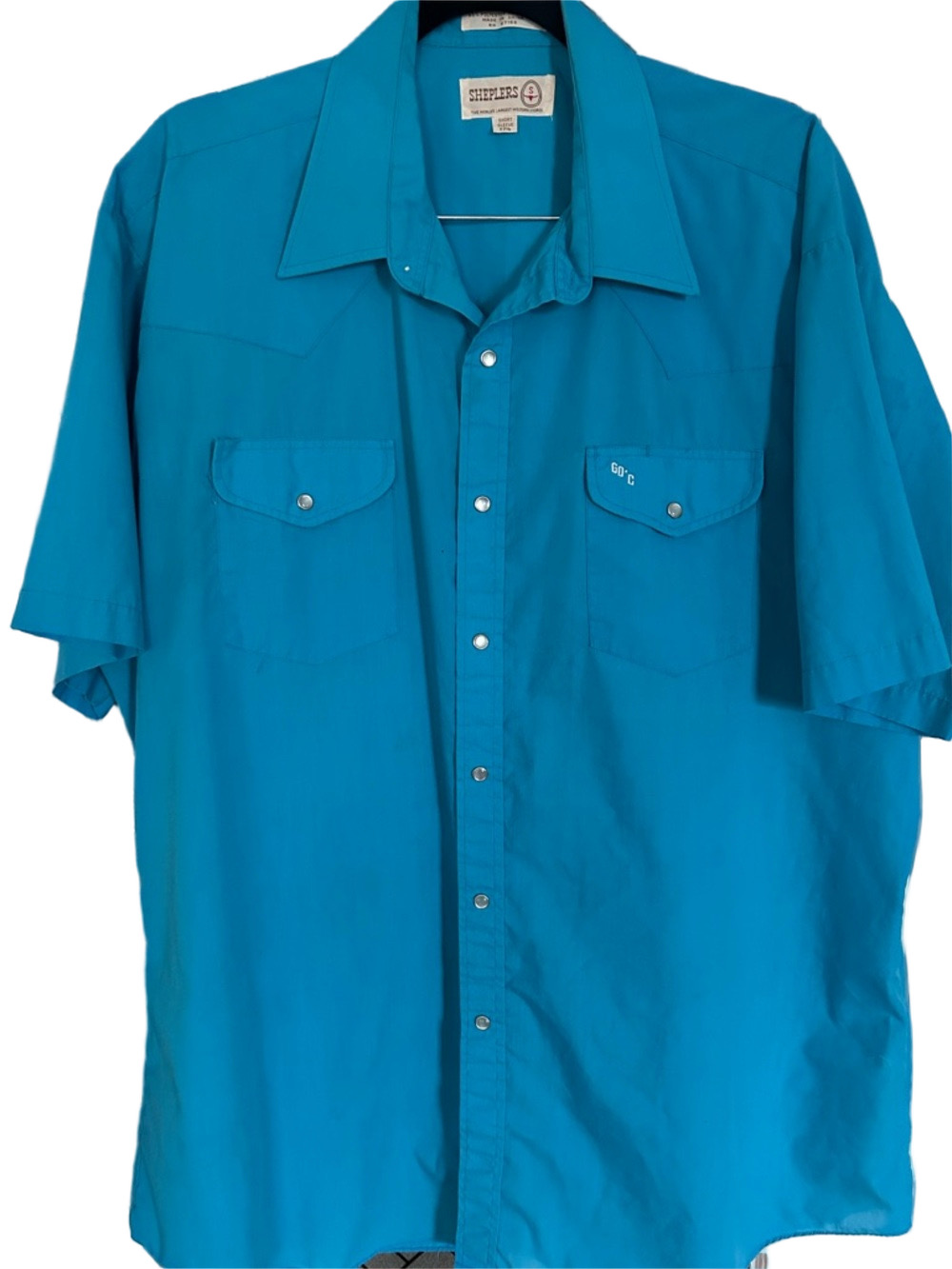 Sheplers Cowboy Pearl‎ Snap Shirt Short Sleeves XL Men’s Turquoise Blue 17.5